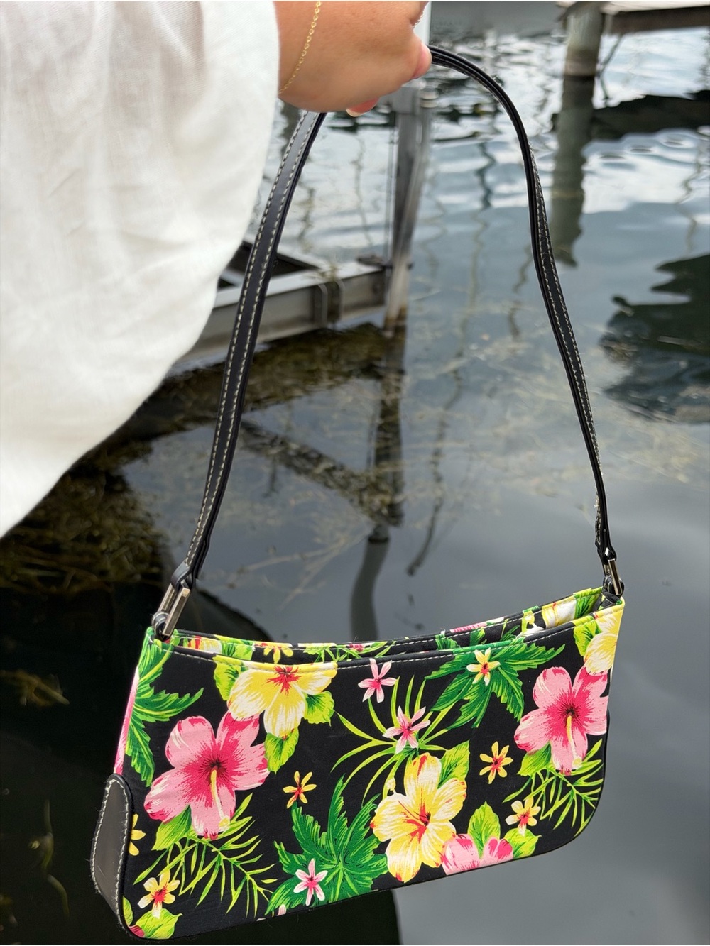 Tropical Floral Shoulder Bag in Black with Pink & Yellow Flowers